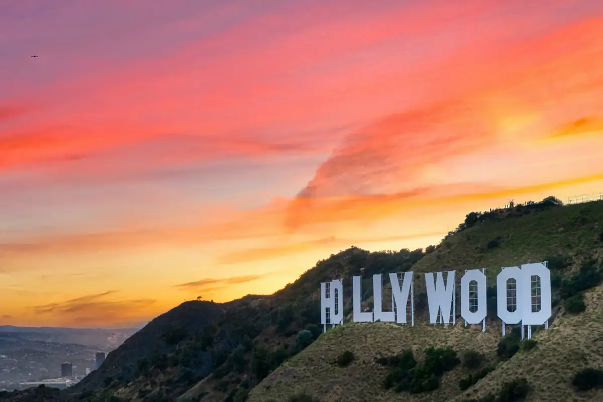 Sunset over the Hollywood sign.